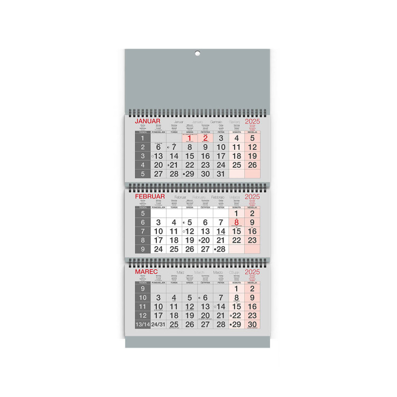Stenski koledar, poslovni, 3-delni, špirala, siv, 2025