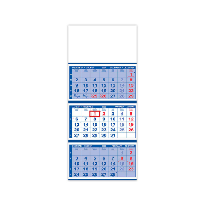 Stenski koledar, 3-delni, lepljen, s perforacijo, moder, 2025